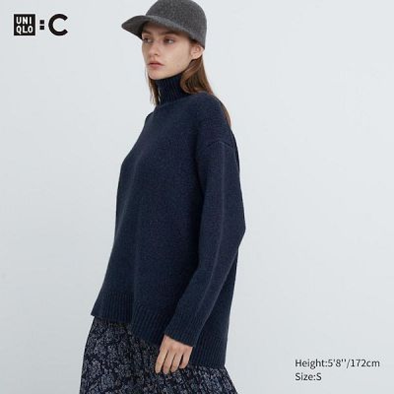 Suéteres Uniqlo Soft Knit High Neck Long-Sleeve Mujer Azul Marino | 680972_PE