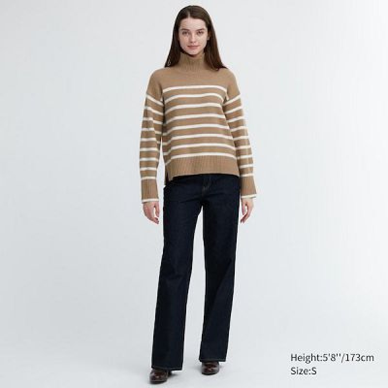 Suéteres Uniqlo Souffle Yarn A Rayas High Neck Long-Sleeve Mujer Beige | 452903_PE