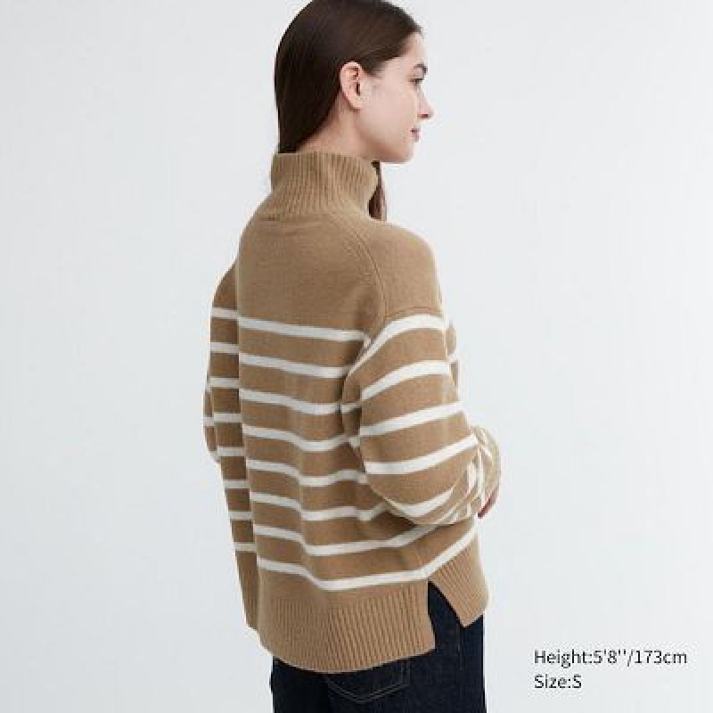 Suéteres Uniqlo Souffle Yarn A Rayas High Neck Long-Sleeve Mujer Beige | 452903_PE