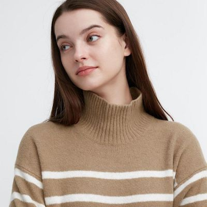 Suéteres Uniqlo Souffle Yarn A Rayas High Neck Long-Sleeve Mujer Beige | 452903_PE