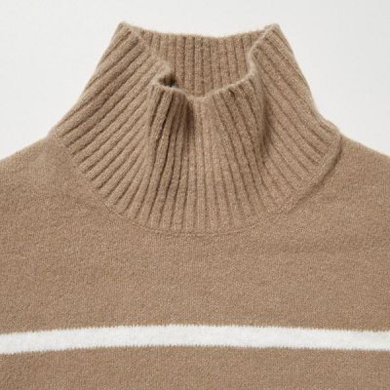 Suéteres Uniqlo Souffle Yarn A Rayas High Neck Long-Sleeve Mujer Beige | 452903_PE