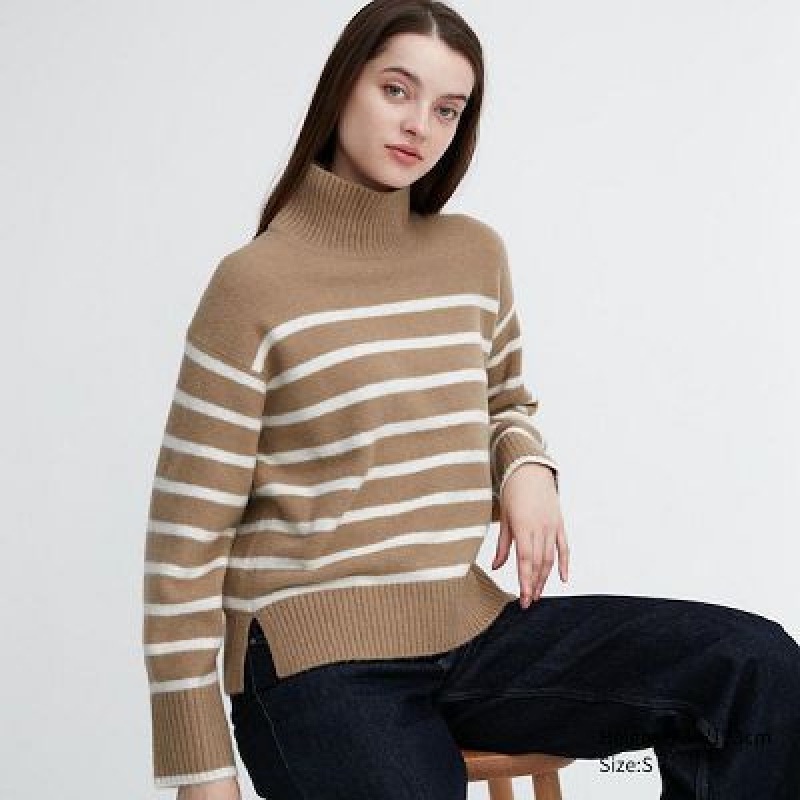 Suéteres Uniqlo Souffle Yarn A Rayas High Neck Long-Sleeve Mujer Beige | 452903_PE