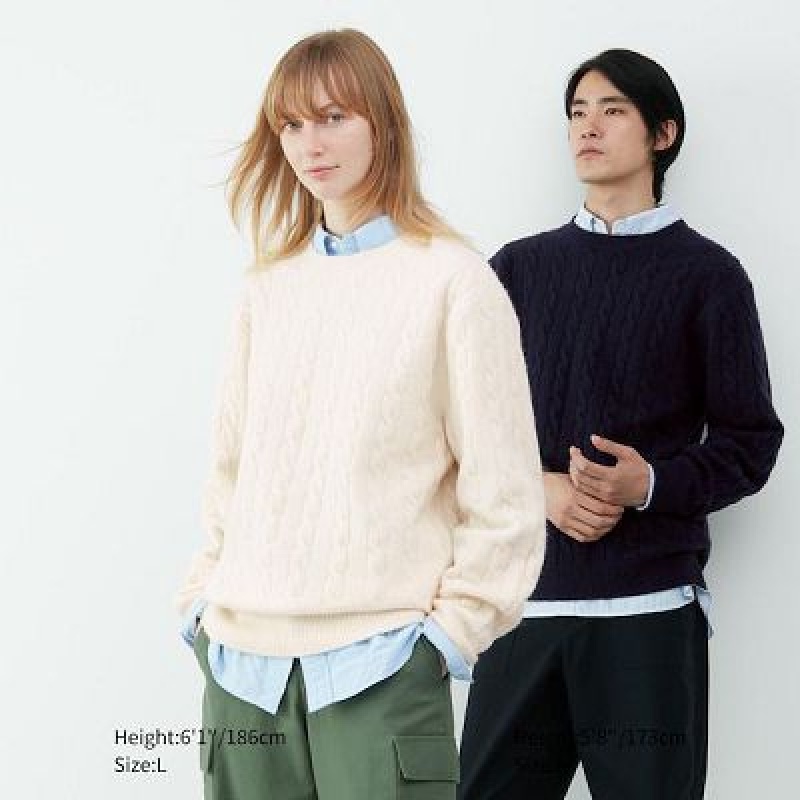 Suéteres Uniqlo Souffle Yarn Cable Crew Neck Mujer Blancas | 201437_PE