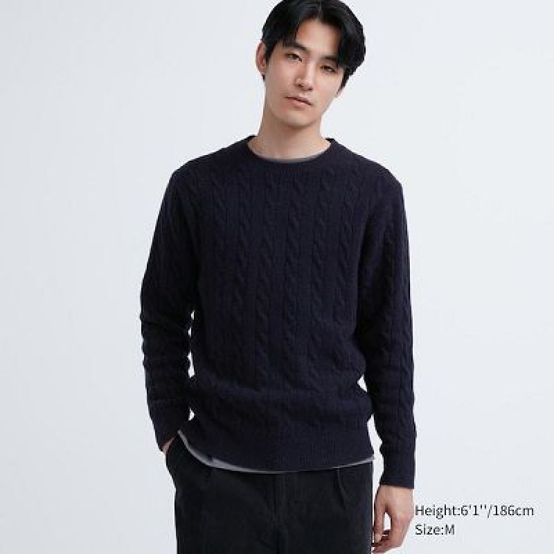 Suéteres Uniqlo Souffle Yarn Cable Crew Neck Hombre Azul Marino | 951820_PE