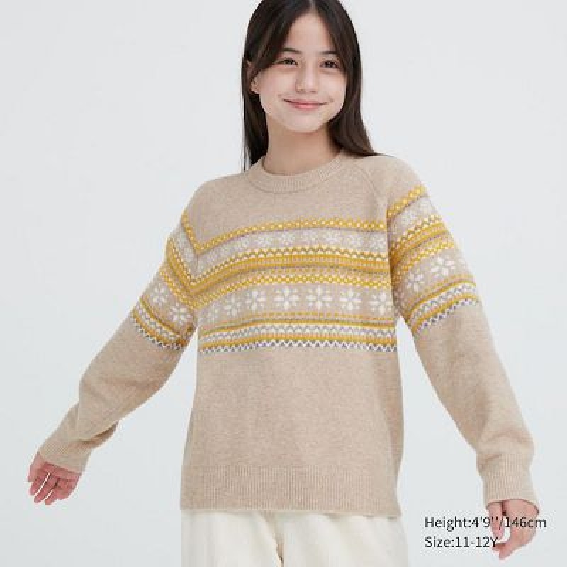 Suéteres Uniqlo Souffle Yarn Long-Sleeve Niños Beige | 801963_PE