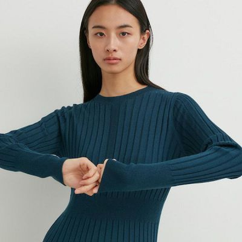 Vestido Uniqlo 3D Knit Acanalado Crew Neck Long-Sleeve Mujer Negras | 254107_PE