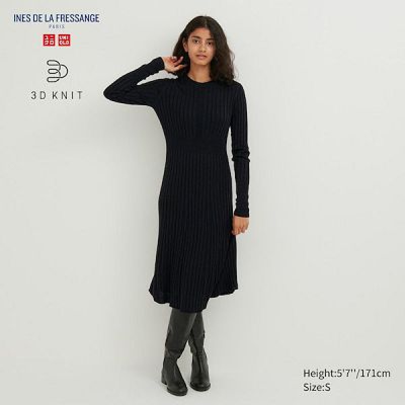 Vestido Uniqlo 3D Knit Acanalado Crew Neck Long-Sleeve Mujer Negras | 254107_PE