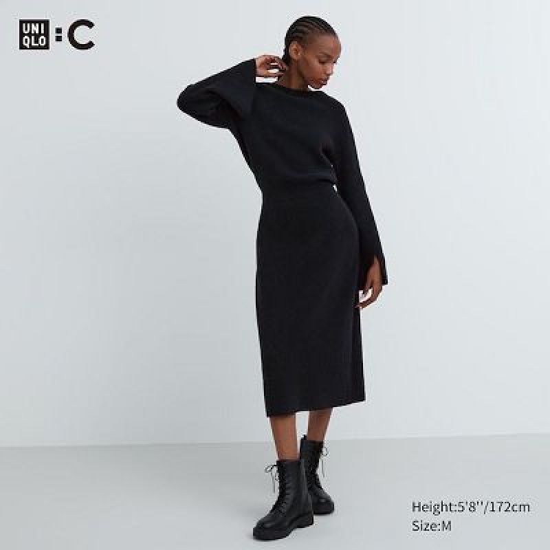 Vestido Uniqlo Boat Neck Long-Sleeve Knit Mujer Negras | 37854_PE