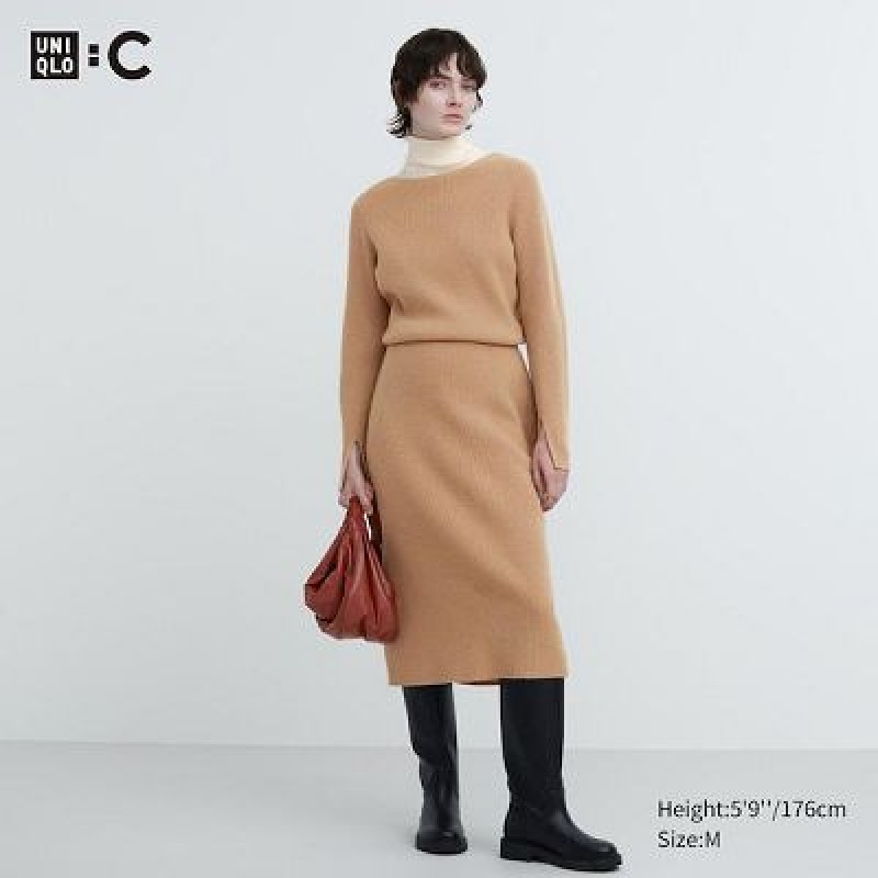 Vestido Uniqlo Boat Neck Long-Sleeve Knit Mujer Beige | 829716_PE