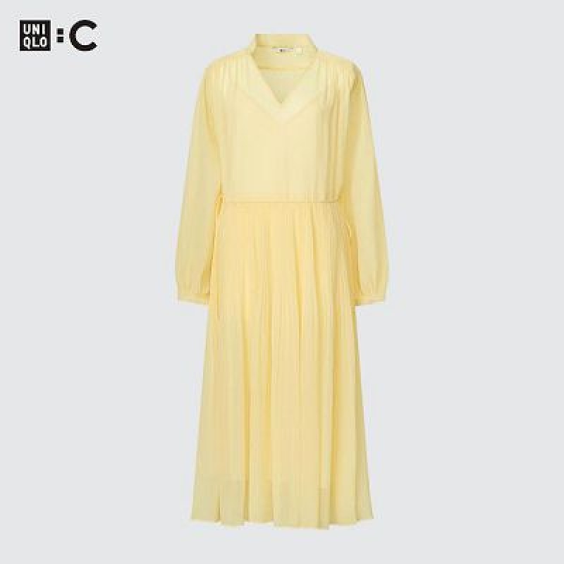 Vestido Uniqlo Chiffon Plisado Long-Sleeve Mujer Azul Marino | 839710_PE