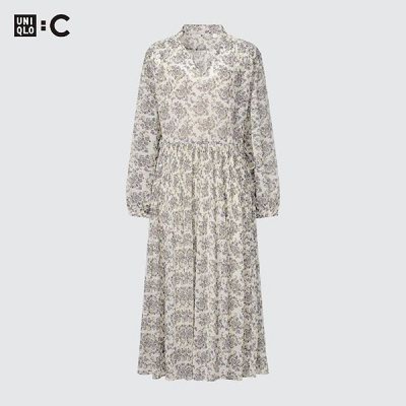 Vestido Uniqlo Chiffon Plisado Long-Sleeve Mujer Blancas | 65417_PE