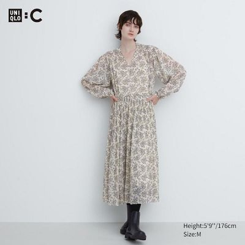 Vestido Uniqlo Chiffon Plisado Long-Sleeve Mujer Blancas | 65417_PE