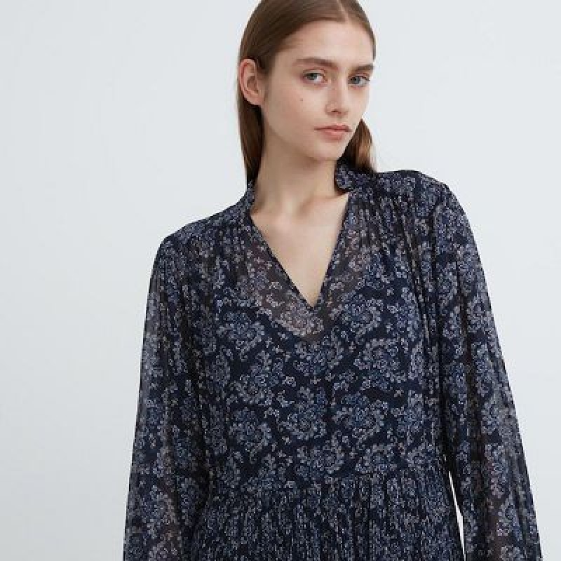 Vestido Uniqlo Chiffon Plisado Long-Sleeve Mujer Marrones | 574923_PE