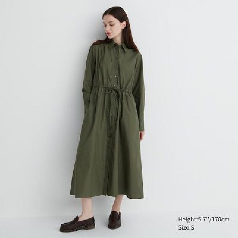 Vestido Uniqlo Cotton Long-Sleeve Mujer Verde | 435071_PE