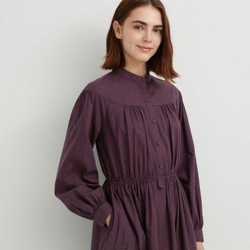 Vestido Uniqlo Cotton Twill Checked Volume Sleeve Long Mujer Marrones | 231687_PE