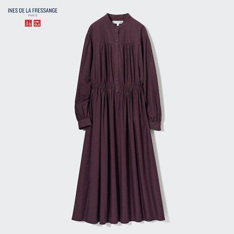 Vestido Uniqlo Cotton Twill Checked Volume Sleeve Long Mujer Marrones | 231687_PE