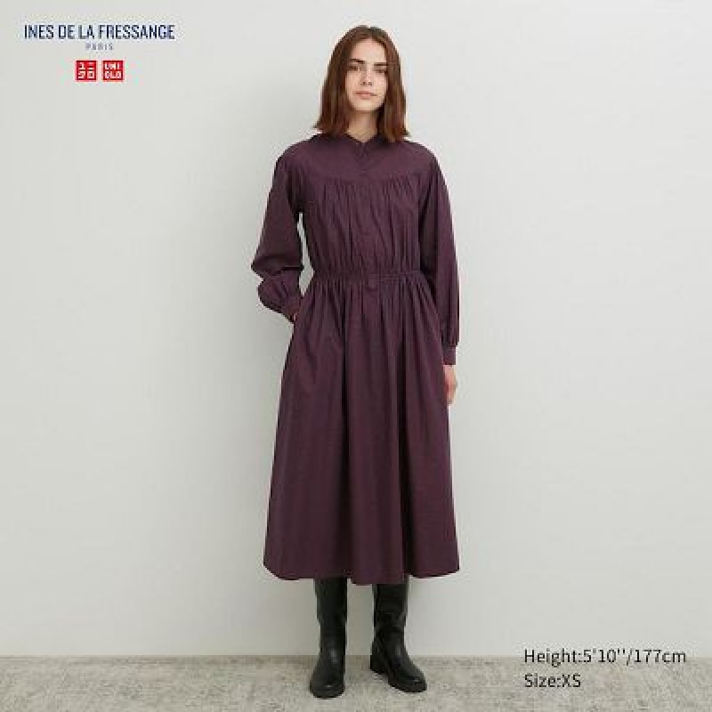 Vestido Uniqlo Cotton Twill Checked Volume Sleeve Long Mujer Marrones | 231687_PE