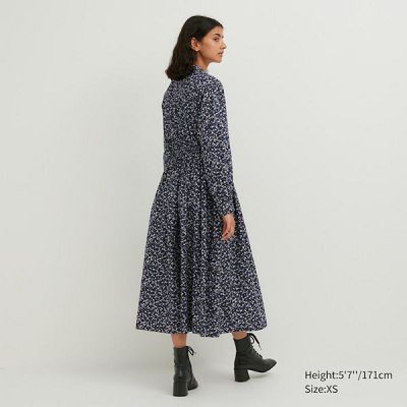 Vestido Uniqlo Cotton Twill Printed Volume Sleeve Long Mujer Azules | 195803_PE