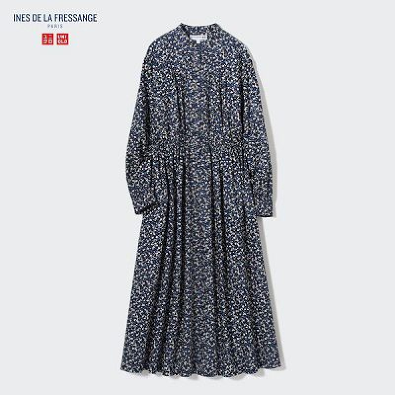 Vestido Uniqlo Cotton Twill Printed Volume Sleeve Long Mujer Azules | 195803_PE