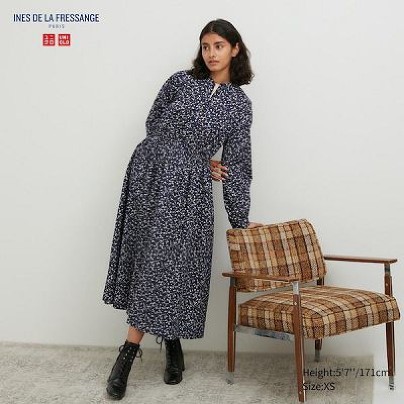 Vestido Uniqlo Cotton Twill Printed Volume Sleeve Long Mujer Azules | 195803_PE