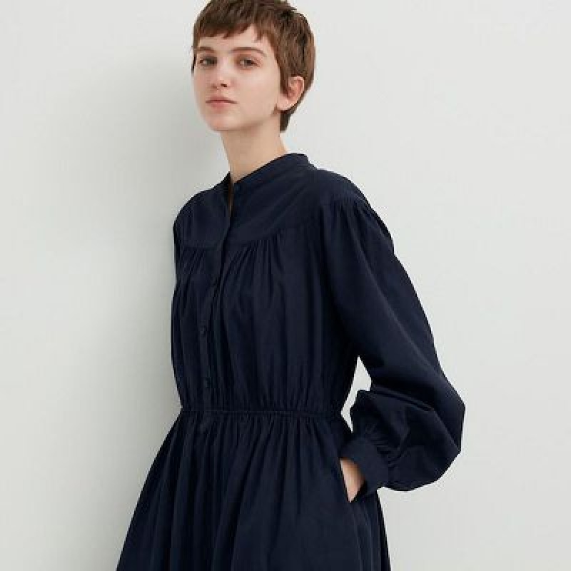 Vestido Uniqlo Cotton Twill Volume Sleeve Long Mujer Azul Marino | 548092_PE