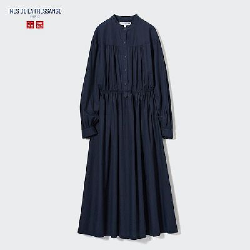 Vestido Uniqlo Cotton Twill Volume Sleeve Long Mujer Azul Marino | 548092_PE