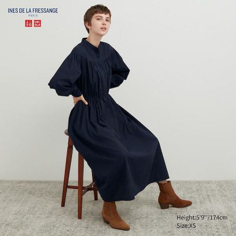 Vestido Uniqlo Cotton Twill Volume Sleeve Long Mujer Azul Marino | 548092_PE