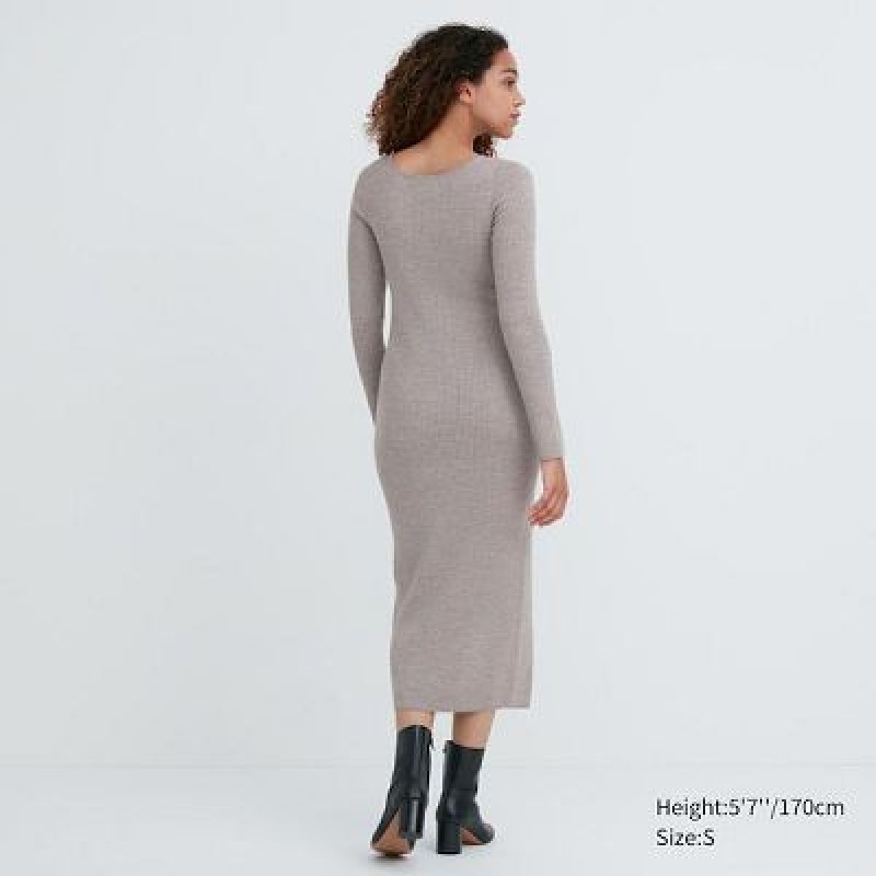 Vestido Uniqlo Merino Blend Fitted U Neck Long Sleeve Mujer Gris | 108924_PE