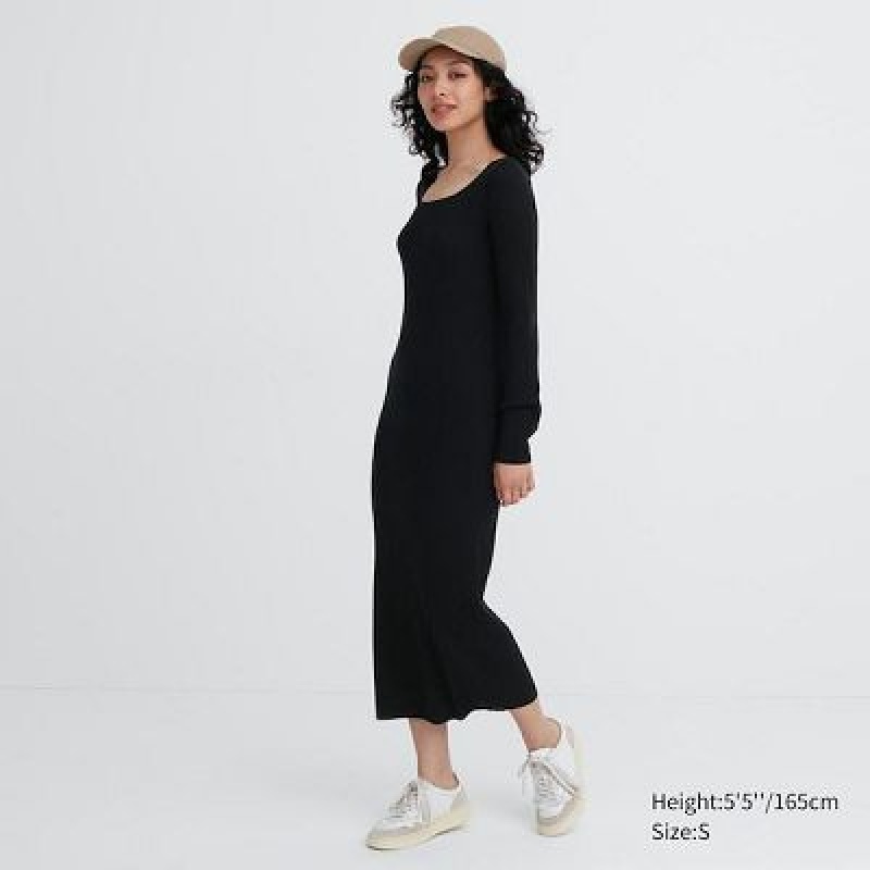 Vestido Uniqlo Merino Blend Fitted U Neck Long Sleeve Mujer Negras | 981354_PE