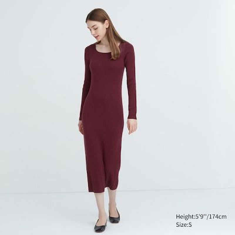 Vestido Uniqlo Merino Blend Fitted U Neck Long Sleeve Mujer Wine | 496385_PE