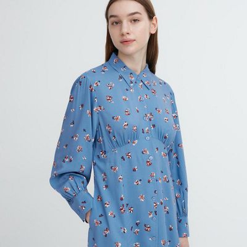 Vestido Uniqlo Printed V-Neck Long-Sleeve Mini Mujer Negras | 768315_PE