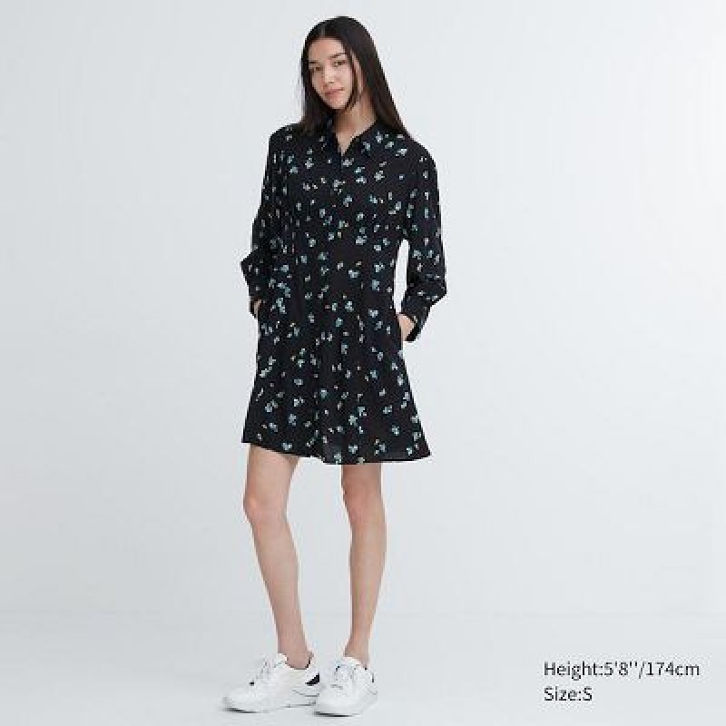 Vestido Uniqlo Printed V-Neck Long-Sleeve Mini Mujer Negras | 768315_PE