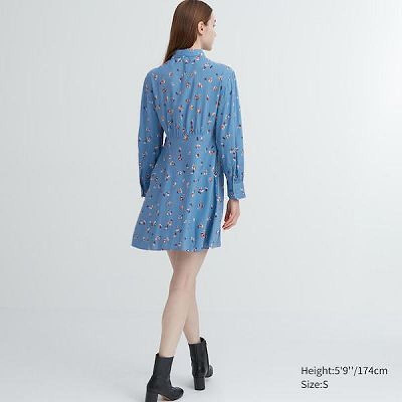 Vestido Uniqlo Printed V-Neck Long-Sleeve Mini Mujer Azules | 751203_PE