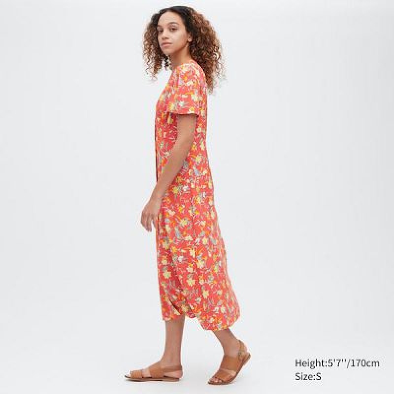 Vestido Uniqlo Printed V-Neck Short-Sleeve Flare Mujer Rojas | 351469_PE