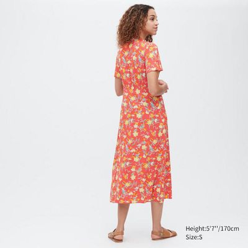 Vestido Uniqlo Printed V-Neck Short-Sleeve Flare Mujer Rojas | 351469_PE