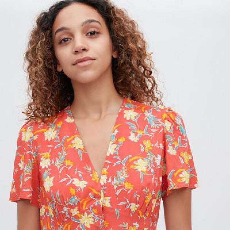 Vestido Uniqlo Printed V-Neck Short-Sleeve Flare Mujer Rojas | 351469_PE