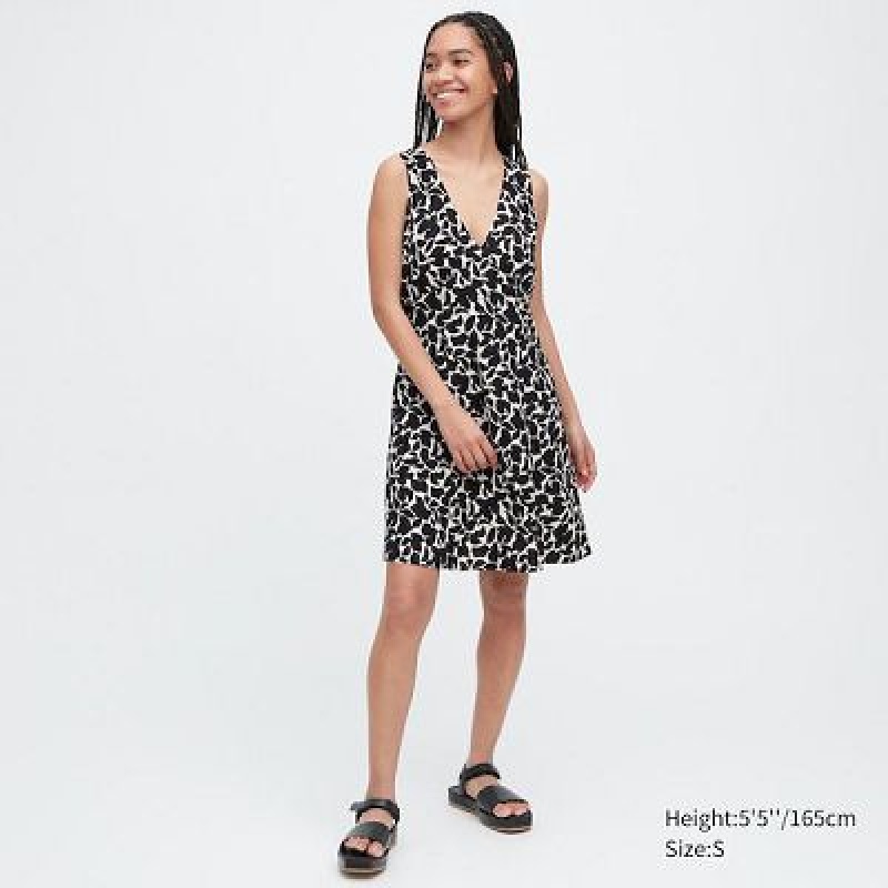 Vestido Uniqlo Printed V-Neck Sleeveless Mini Mujer Negras | 762034_PE