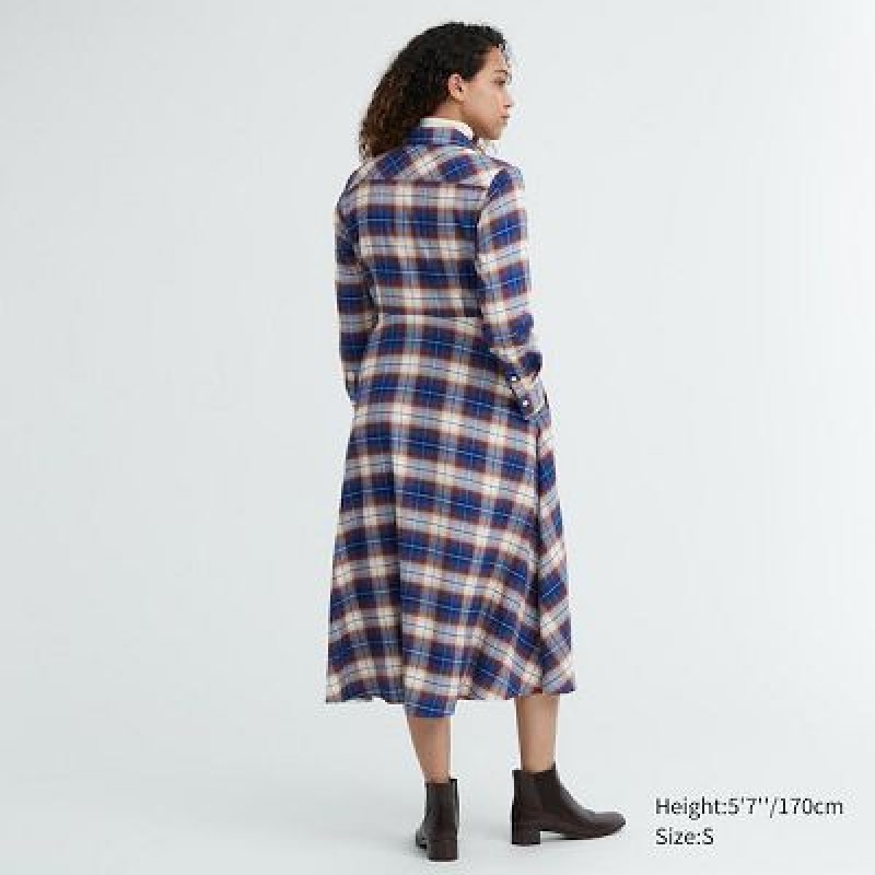 Vestido Uniqlo Soft Brushed Checked Long-Sleeve Mujer Azules | 395481_PE