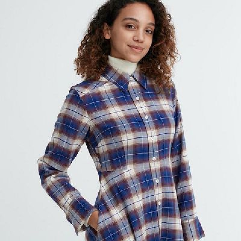 Vestido Uniqlo Soft Brushed Checked Long-Sleeve Mujer Azules | 395481_PE