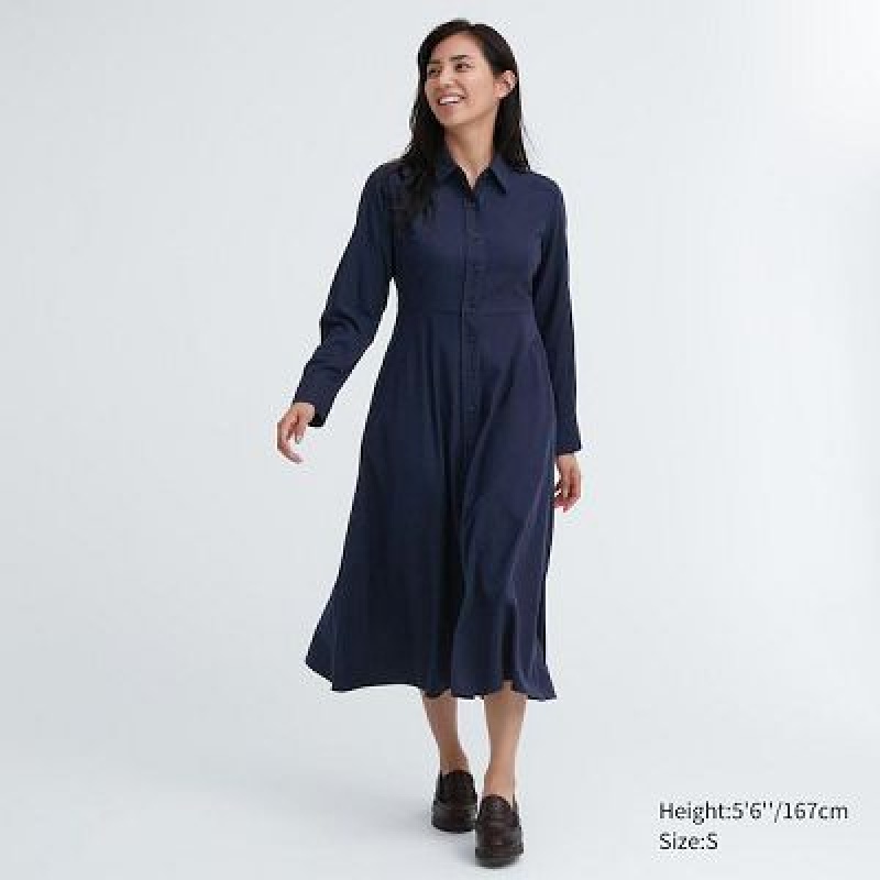 Vestido Uniqlo Soft Brushed Long-Sleeve Mujer Azul Marino | 319462_PE