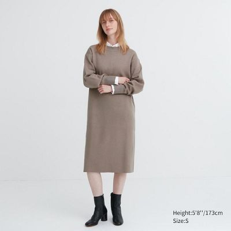 Vestido Uniqlo Souffle Yarn Long-Sleeve Mujer Beige | 615709_PE