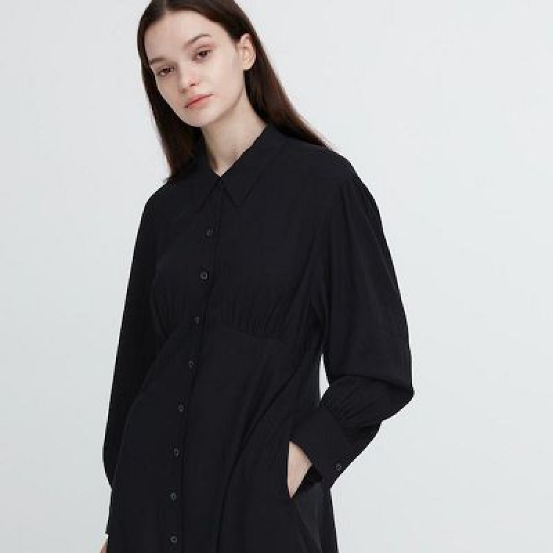 Vestido Uniqlo V-Neck Long-Sleeve Mini Mujer Negras | 785243_PE